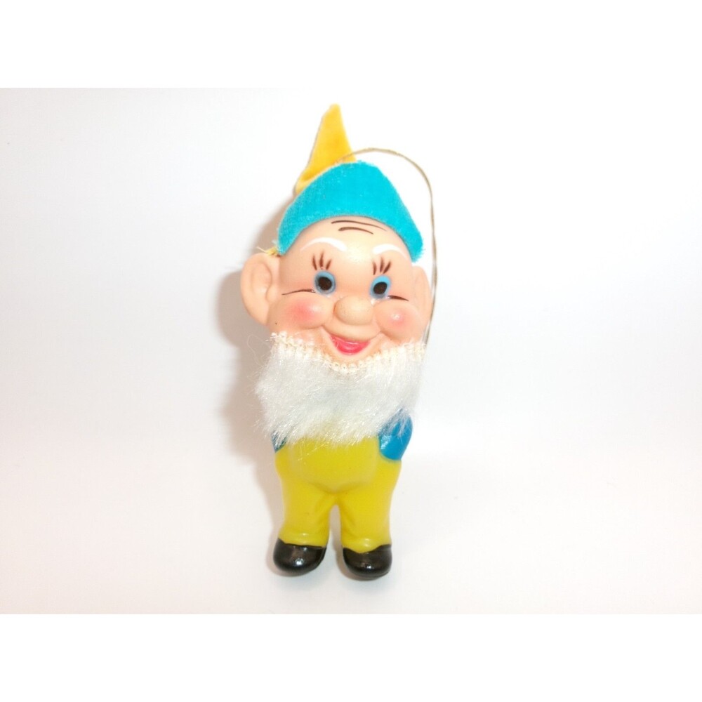 Vtg Elf with Beard Christmas Ornament Yellow & Turquoise Vinyl Body Korea 4 in